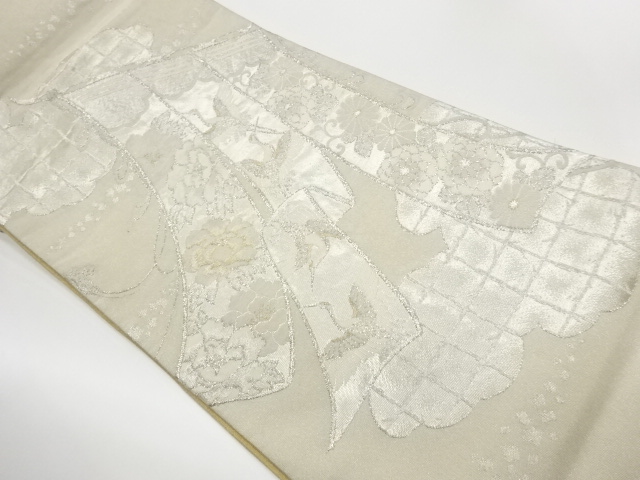 リサイクル　几帳に鶴・花模様織出しリバーシブル全通袋帯